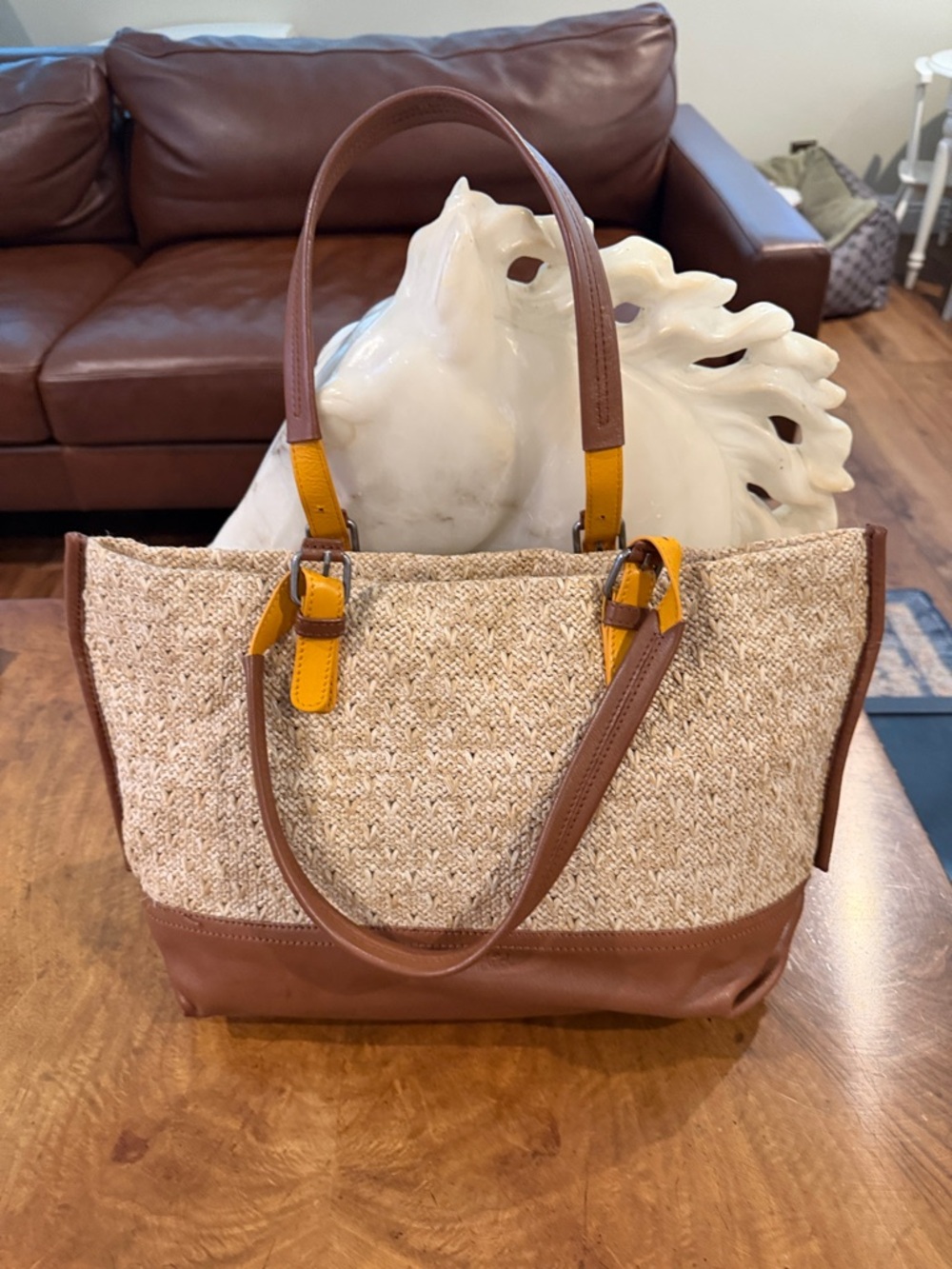 Woven Straw Splendid Tote Bag with Brown Leather Trim and Yellow Accent